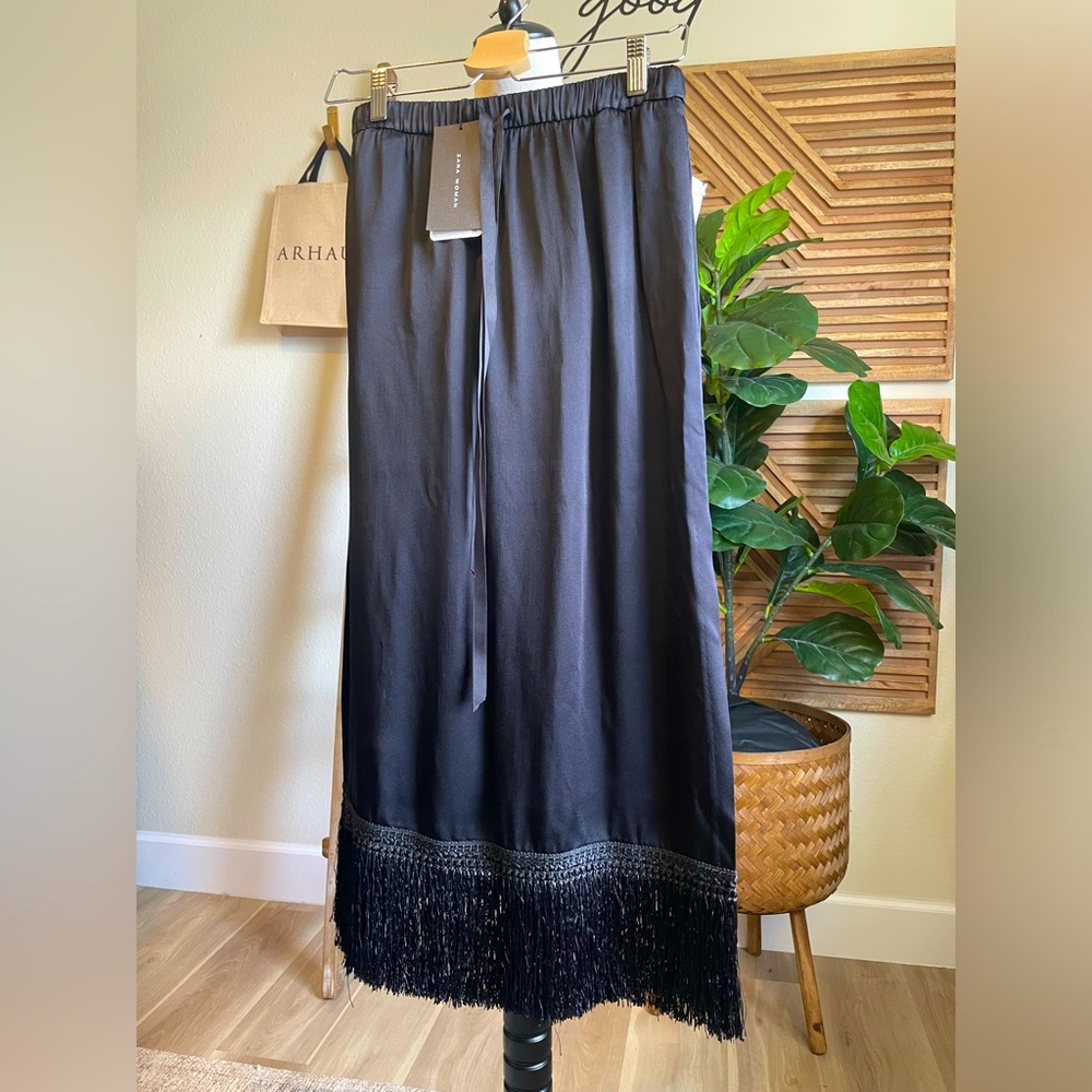 Zara Black Midi Skirt with Fringe Hem